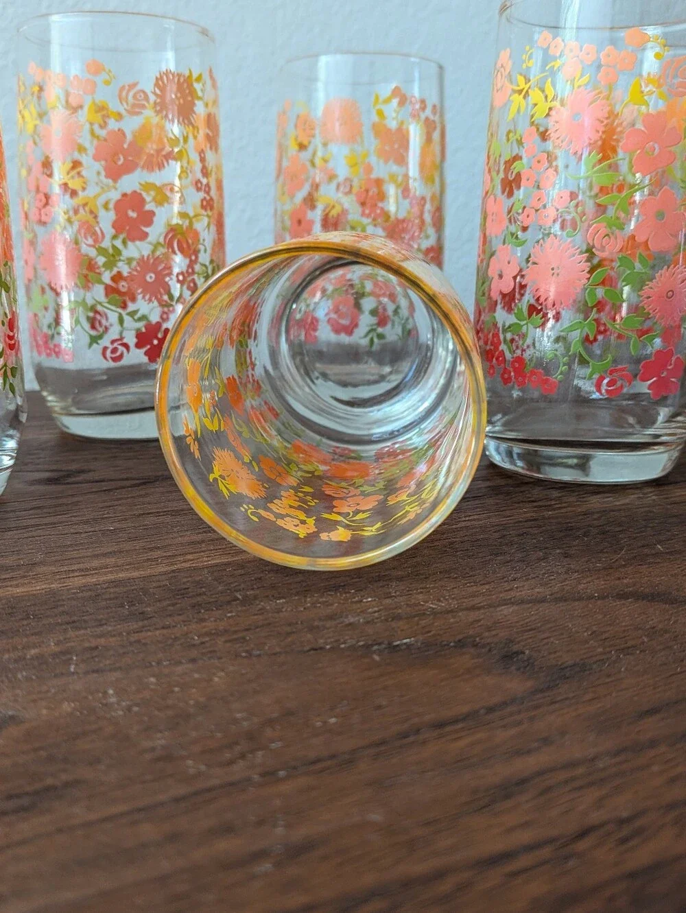 Set of 6 Retro Anchor Hocking Floral Tumblers Juice Glasses Orange Red Yellow